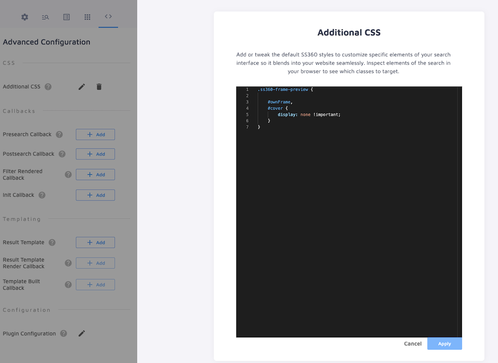 Advanced configuration settings in search designer
