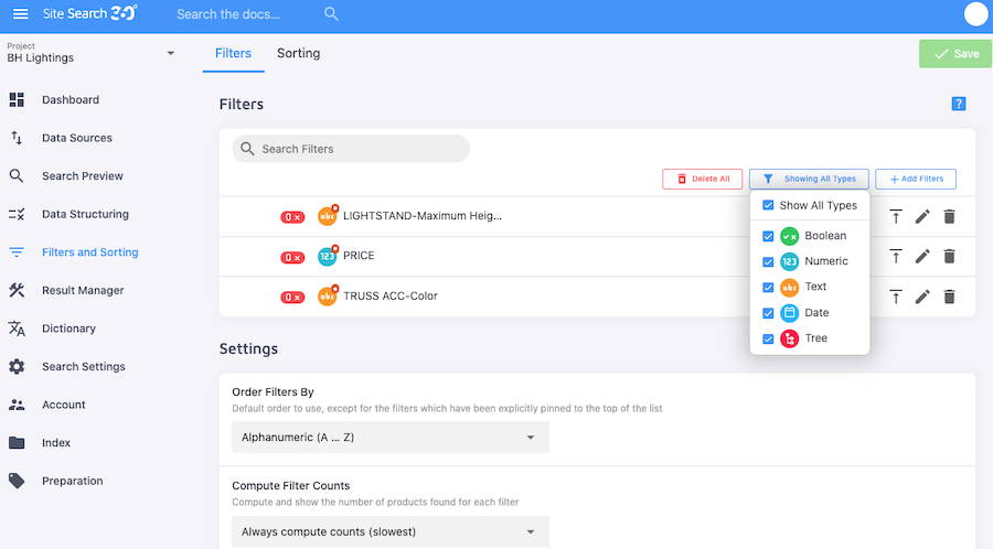 data point based filtering system for improved site search