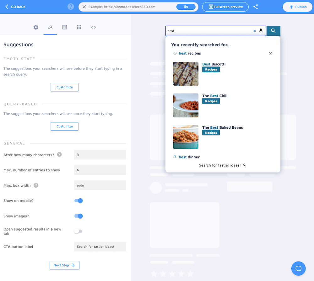 search designer suggestions no-code interface