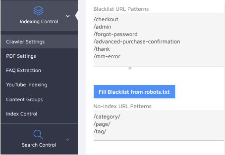 Blacklisted and no-indexed URLs in the Crawler Settings Screenshot