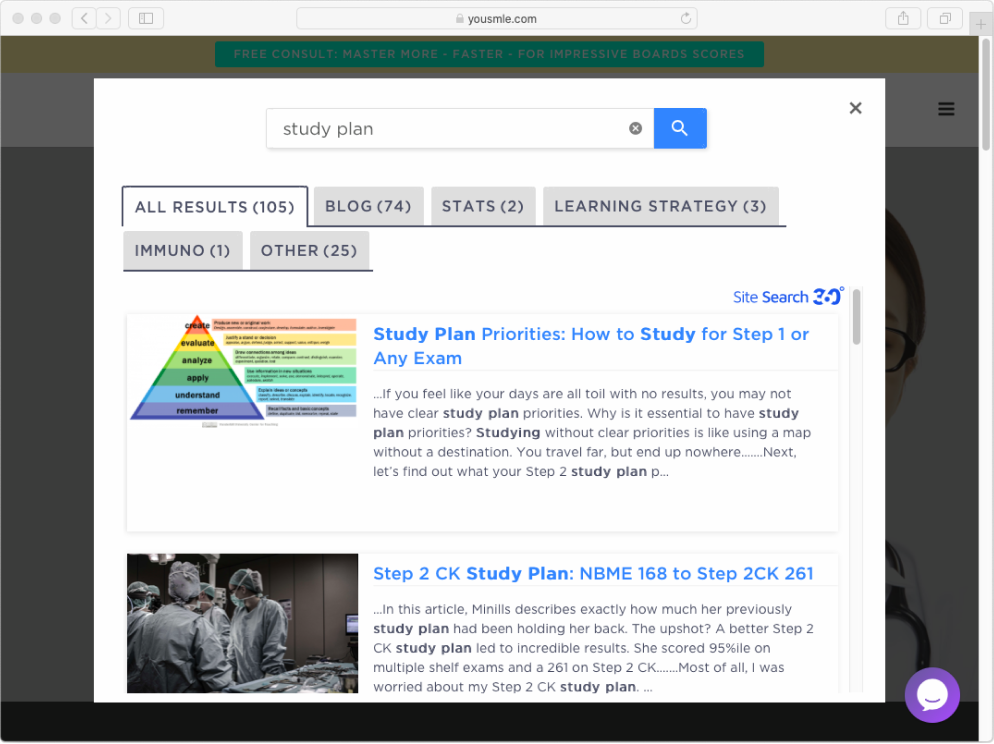 Screenshot of Site Search 360 modal search for study plan