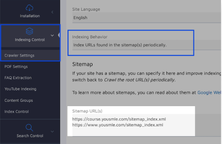 Sitemap indexing setup screenshot