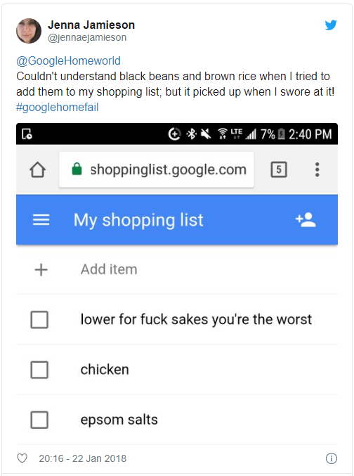 Tweet #googlehomefail screenshot, funny voice recognition mistake