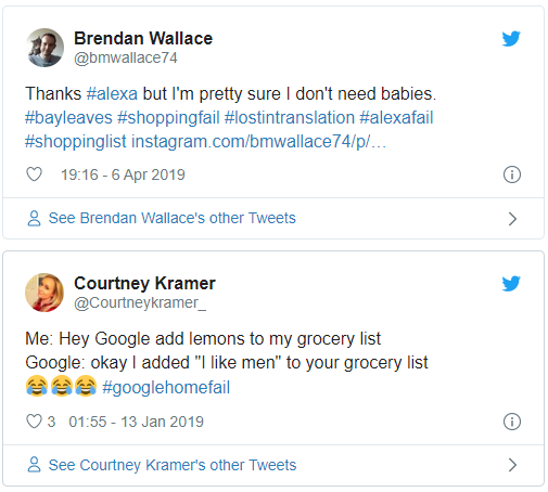Tweets #googlehomefail screenshot, funny voice recognition mistake